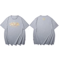 Grey oversized T-shirt with gold LIUGEJIA print and red snake graphic on textured fabric - Gray