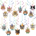 Cat theme party hanging swirls with diverse kitten faces and colorful festive spirals - Double Sided Cards And Spirals And Hooks