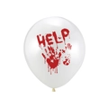 Detailansicht eines weißen Halloween-Latexballons mit gruseligem rotem Bluthandabdruck und HELP-Schrift - Blutiger Handabdruck HELP Muster