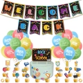 Set festa per il rientro a scuola con striscioni, palloncini e decorazioni torta - Kit A: Banner + 24 Palloncini (6 Verdi, 6 Rossi, 6 Gialli, 6 Blu) + 21 Cake Toppers + 2 Nastri Gialli