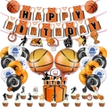 Basketball birthday party set with jersey banner, balloons, and cake toppers in orange and black - Basketball Jersey Set: Large Banner + Small Banner + Balloons + Cake Toppers + Foil Balloons