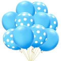 Close-up of thick light blue and white polka dot latex balloons with golden ribbons - Light Blue