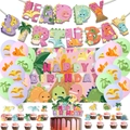 Pink dinosaur birthday party decoration set with banner balloons and backdrop - Pink Dinosaur Theme Set A: Banner + 18 Balloons + 16 Cake Toppers + 100*150 Backdrop + 2 Ribbons