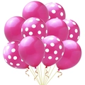 Close-up of rose pink polka dot balloons with golden ribbons for party decorations - Rose Red