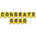Yellow Congrats Grad banner with black letters and graduation caps for 2026 party decor - Graduation Banner