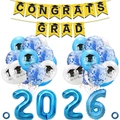 Abschlussfeier Set 2026 mit Congrats Grad Banner und blau-goldenen Luftballons Deko - Blau Weiß Kombination (Mit 2026 Zahlen)