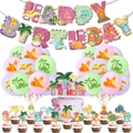 Pink dinosaur party decoration set with happy birthday banner, balloons and cake toppers - Pink Dinosaur Theme Set B: Banner + 24 Balloons + 16 Cake Toppers + 2 Ribbons