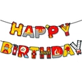 Firefighter themed Happy Birthday banner featuring fire trucks, hydrants and extinguishers - Banner