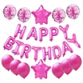 Detailed view of rose gold Happy Birthday foil balloons with star and confetti latex accents - Rose Red Zirconia Set