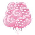 Pink latex balloon detail with He or She print and polka dots for gender reveal party - Pink Text Polka Dot Mix / 12 Inch