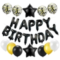 Schwarz-goldenes Happy Birthday Luftballon-Set mit Sternfolien und Konfetti-Dekoration - Set mit schwarzen Zirkonia