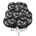 Close-up of black latex gender reveal balloons with white He or She text and ribbons - Black Text Style / 12 Inch