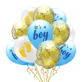 Detail of It's a Boy blue latex balloons with white baby footprints and gold confetti - Blue Boy Balloons, Footprints Pattern, Gold Sequins