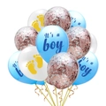 Gender reveal balloon set with It's a boy print, blue latex and rose gold confetti - Blue Boy Balloons, Footprints Pattern, Rose Gold Sequins