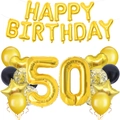 Set di palloncini oro e nero per il 50° compleanno con lettere in alluminio su fondo bianco - Set 50° Compleanno