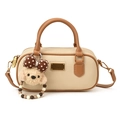 Borsa bowling retrò bicolore crema e marrone con un simpatico ciondolo in peluche - Con Ciondolo / Bianco Sporco