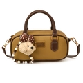 Borsa a bauletto retrò giallo senape con bordi marroni e ciondolo orsetto di peluche - Con Ciondolo / Marrone Giallastro