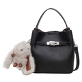 Minimalist black lychee pattern bucket bag with silver lock and plush bunny charm - With Pendant / Black