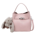 Pink lychee leather bucket bag with silver turn-lock and grey plush rabbit charm - With Pendant / Pink