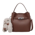 Dark brown lychee pattern leather bucket handbag with silver lock and plush charm - Brown