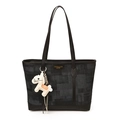 Grande borsa tote minimalista in tessuto grigio con manico in pelle e ciondolo a cavallo - Con Ciondolo / Nero
