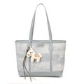 Grande borsa tote in pelle blu-grigio e tela con ciondolo a forma di cavallo - Con Ciondolo / Blu