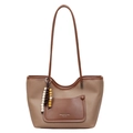 Braune Shopper-Tasche aus Leder mit dunkelbrauner Vordertasche und bunten Perlen - Khaki