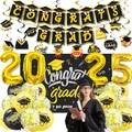Kit decoración fiesta graduación 2025 con globos dorados, pancartas y fondo - Juego A: Banner Espirales Globo Aluminio 2025 Globos Fondo y Cinta