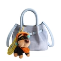 Borsa a secchiello celeste in tessuto con finiture in pelle e ciondolo a cucciolo - Con Ciondolo / Blu