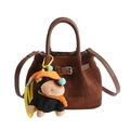 Brown canvas bucket bag with leather handles and a cute black monkey plush pendant - With Pendant / Brown