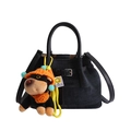 Retro black textured shoulder bag with dog plush charm and detachable strap - With Pendant / Black