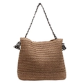 Gewebte Stroh-Tasche mit schwarz-weißen Seilträgern und seitlichen Schleifendetails - Khaki