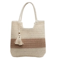 Borsa tote in paglia intrecciata a mano con strisce beige e nappa di perline di legno - Bianco Sporco