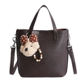 Deep brown bucket bag with a cute plush bear pendant and adjustable shoulder strap - With Pendant / Brown