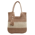Borsa tote in paglia a righe tricolori con nappa e motivo a spina di pesce - Cachi