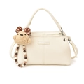 Chic beige crossbody bag with top handle and a cute plush bear charm with brown bow - With Pendant / White