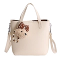 Cream white PU leather tote bag with a cute plush bear charm and adjustable shoulder strap - With Pendant / White