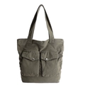 Olivgrüne Canvas-Einkaufstasche mit Vordertaschen und stabilen Riemen für den Alltag - Grün