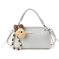 Light grey blue PU leather handbag with fashion label and plush puppy keychain charm - With Pendant / Blue