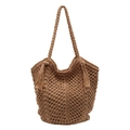 Handgefertigte Shopper-Tasche aus Stroh in Hellbraun mit Quasten und Innenfutter - Khaki