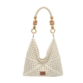 Borsa tote beige all'uncinetto con perline di legno vintage e manico decorativo unico - Bianco Sporco