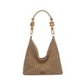 Borsa tote intrecciata traforata con manici in perline di legno stile spiaggia kaki scuro - Cachi
