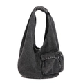 Retro gewaschene Denim Hobo Schultertasche in Dunkelgrau mit vorderer Außentasche - Schwarz