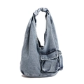 Retro gewaschene blaue Denim-Einkaufstasche mit Vordertaschen und geknotetem Schultergurt - Hellblau