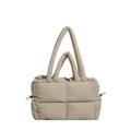 Elegante bolso tote acolchado beige de nailon brillante con asas dobles de transporte - Caqui