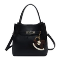 Classic black pebble leather bucket bag featuring silver hardware and a horse charm - With Charm / Black