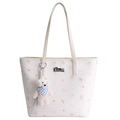 White large capacity tote bag with pink cartoon bear prints and plush charm - With Pendant / Off White