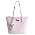 Pink cartoon print tote bag with bear charm and textured finish on a white background - With Pendant / Pink