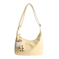 Light yellow pleated PU leather hobo bag with a plush charm and adjustable strap - Yellow