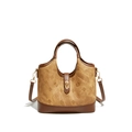 Vintage bruine bucket bag met patroon, lederen handvatten en gouden sluiting - Bruin